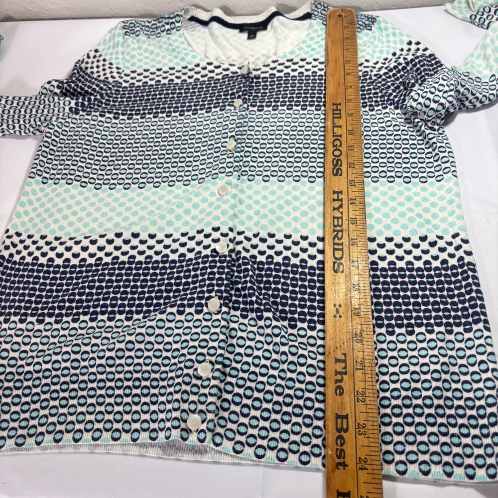 Talbots Women Cardigan Sweater Navy Teal Polka Dot Stripe Button Up Size Large - Picture 8 of 8